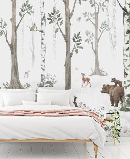 white, black, sage green with woodland animals wallpaper