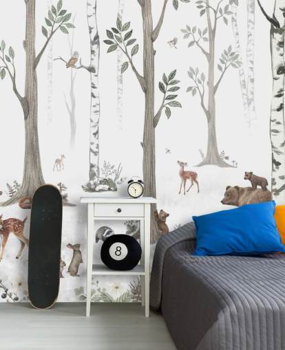 white, black, sage green with woodland animals wallpaper