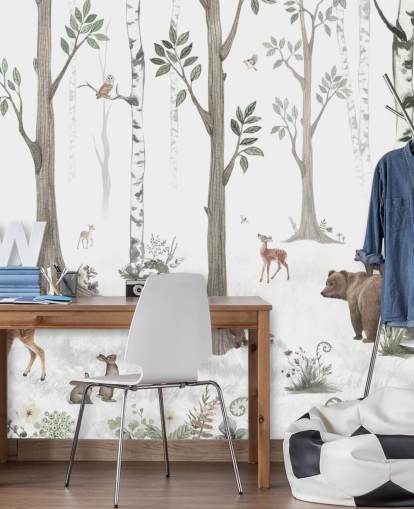 papel de parede branco, preto, verde sálvia com animais da floresta papel de parede branco, preto, verde sálvia com animais da floresta