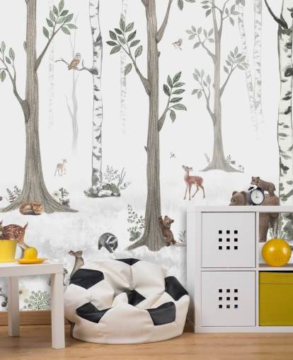 white, black, sage green with woodland animals wallpaper