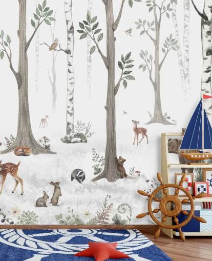 papier peint blanc, noir, vert sauge avec animaux des bois papier peint blanc, noir, vert sauge avec animaux des bois