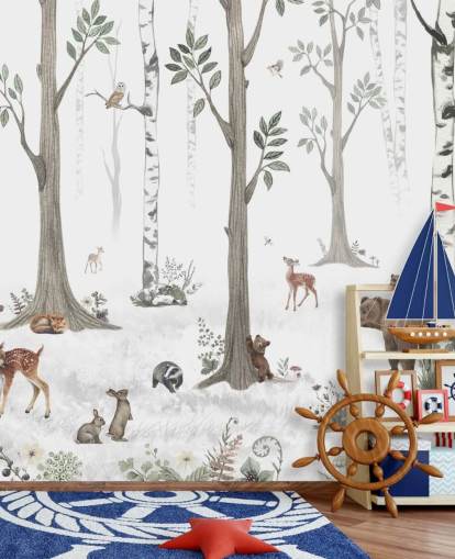 wit, zwart, saliegroen met bosdieren behang