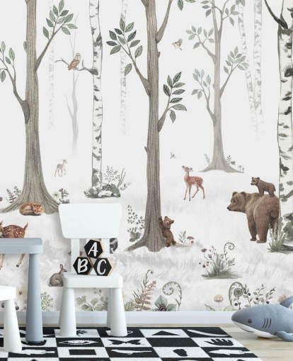 carta da parati bianca, nera, verde salvia con animali del bosco