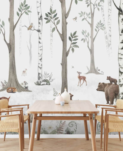 white, black, sage green with woodland animals wallpaper