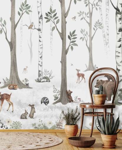 white, black, sage green with woodland animals wallpaper