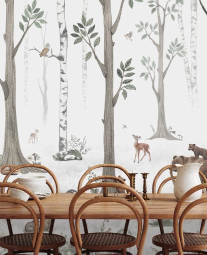 papel pintado blanco, negro, verde salvia con animales del bosque