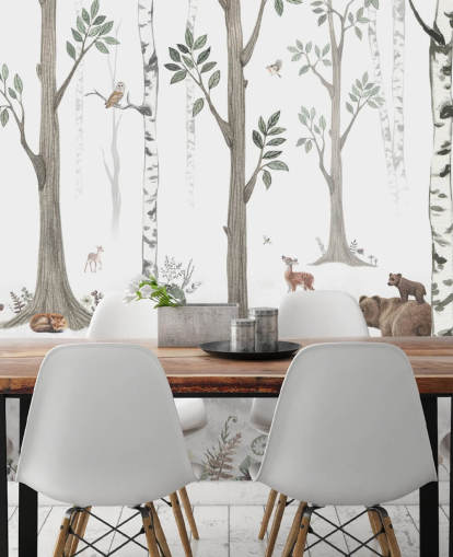 papel pintado blanco, negro, verde salvia con animales del bosque