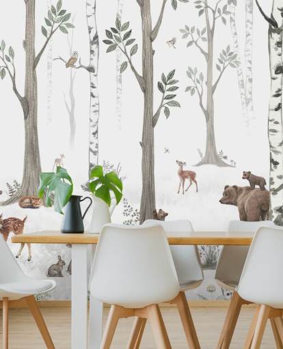 papel pintado blanco, negro, verde salvia con animales del bosque