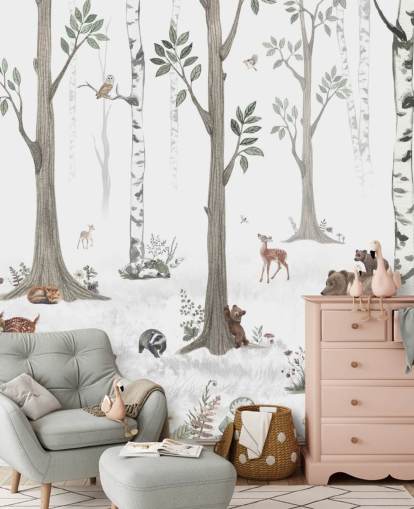 papel de parede branco, preto, verde sálvia com animais da floresta papel de parede branco, preto, verde sálvia com animais da floresta