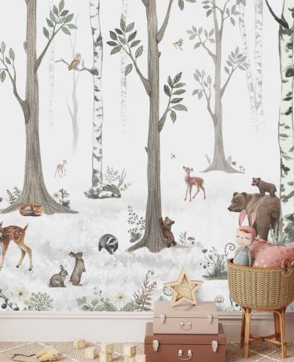 white, black, sage green with woodland animals wallpaper