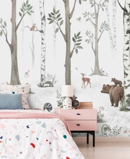 white, black, sage green with woodland animals wallpaper