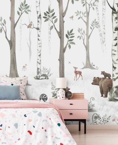 wit, zwart, saliegroen met bosdieren behang wit, zwart, saliegroen met bosdieren behang