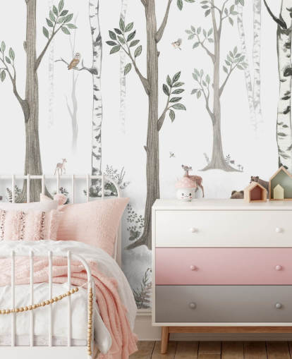 white, black, sage green with woodland animals wallpaper