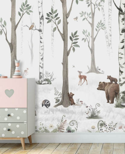 white, black, sage green with woodland animals wallpaper