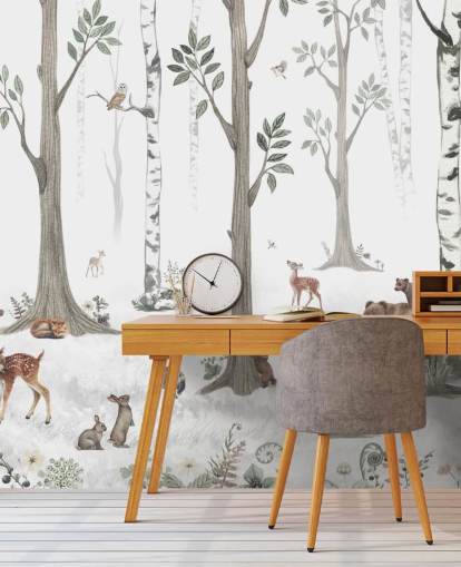 white, black, sage green with woodland animals wallpaper