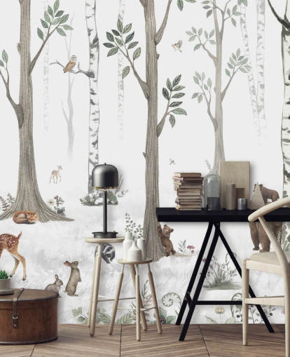 papel pintado blanco, negro, verde salvia con animales del bosque