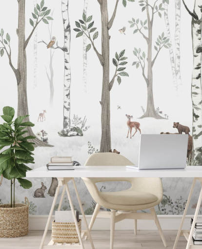 white, black, sage green with woodland animals wallpaper