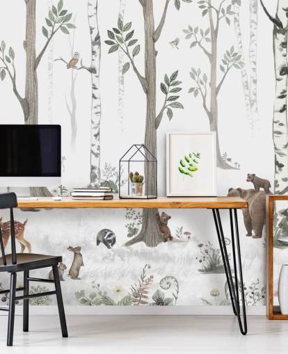 white, black, sage green with woodland animals wallpaper