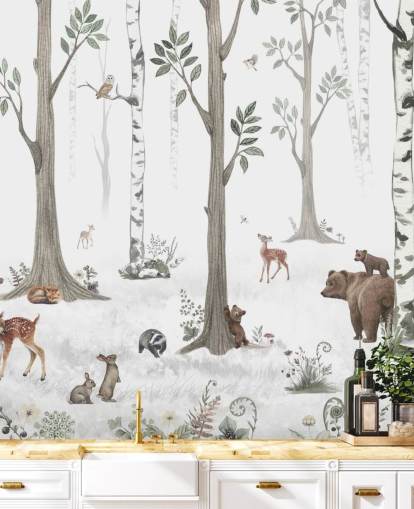 papier peint blanc, noir, vert sauge avec animaux des bois