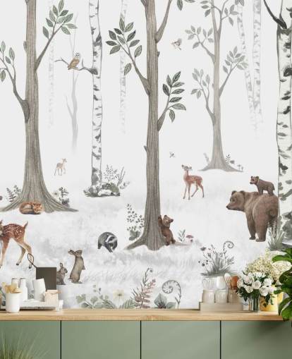 carta da parati bianca, nera, verde salvia con animali del bosco