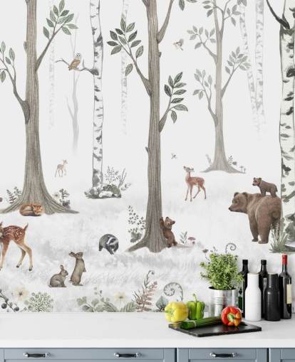 papier peint blanc, noir, vert sauge avec animaux des bois