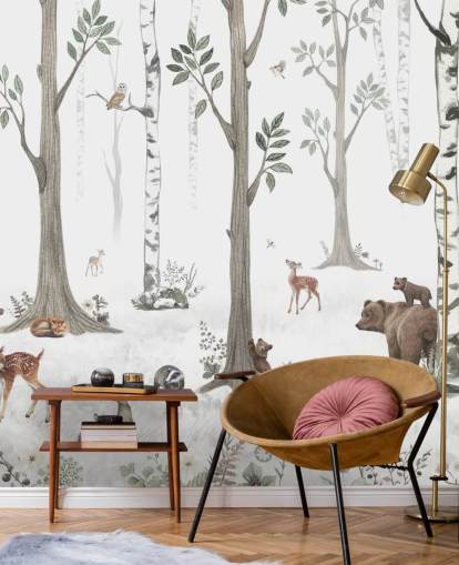 wit, zwart, saliegroen met bosdieren behang