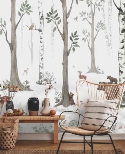 papel pintado blanco, negro, verde salvia con animales del bosque