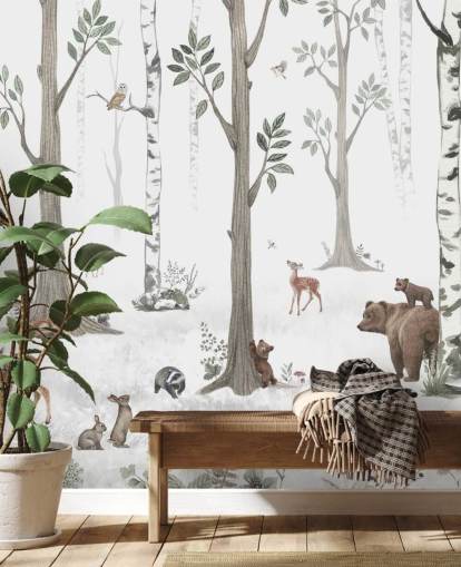 white, black, sage green with woodland animals wallpaper