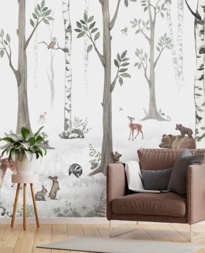 papel pintado blanco, negro, verde salvia con animales del bosque