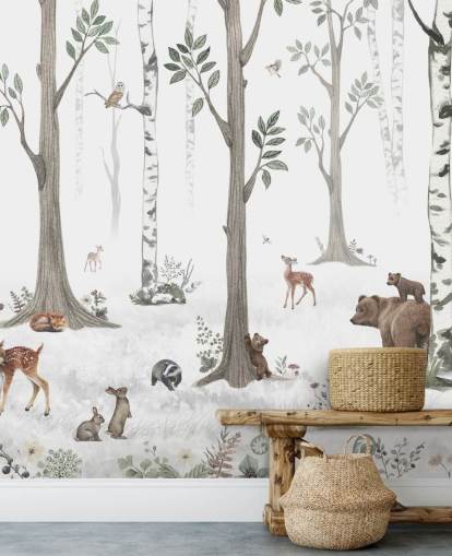 papel pintado blanco, negro, verde salvia con animales del bosque papel pintado blanco, negro, verde salvia con animales del bosque