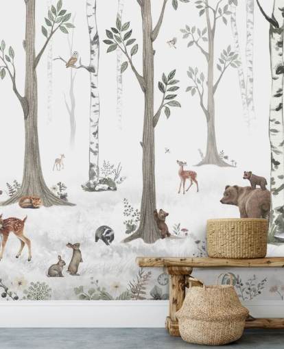white, black, sage green with woodland animals wallpaper