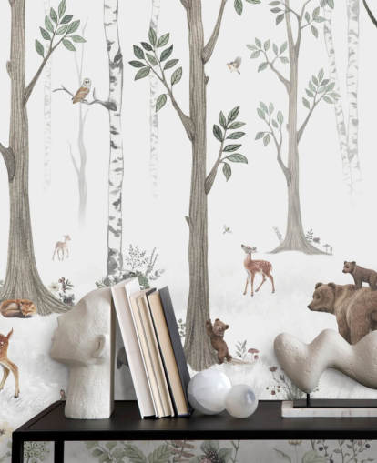 papel pintado blanco, negro, verde salvia con animales del bosque