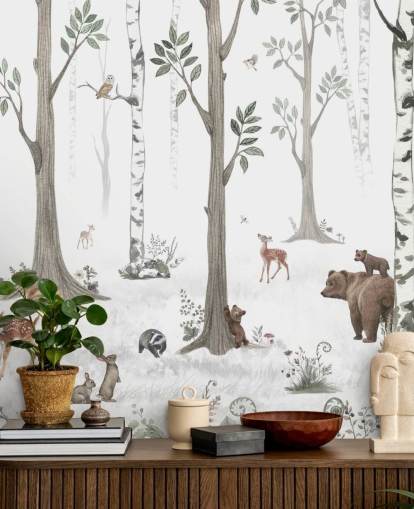 white, black, sage green with woodland animals wallpaper