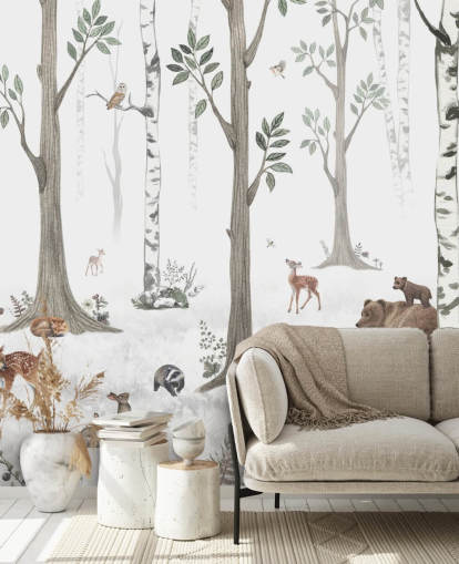 papel de parede branco, preto, verde sálvia com animais da floresta