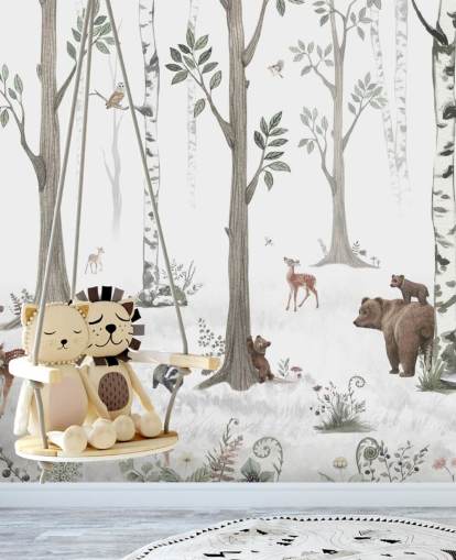 carta da parati bianca, nera, verde salvia con animali del bosco