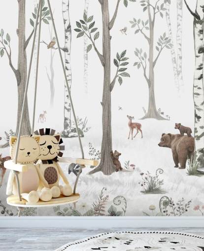 papier peint blanc, noir, vert sauge avec animaux des bois