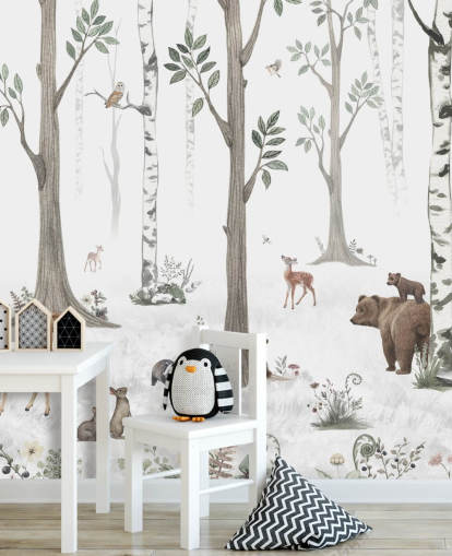 papel de parede branco, preto, verde sálvia com animais da floresta