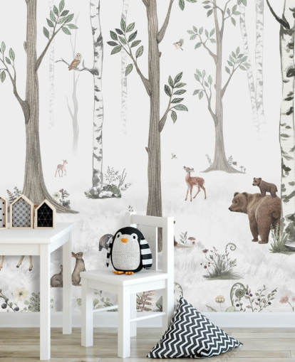 papel pintado blanco, negro, verde salvia con animales del bosque