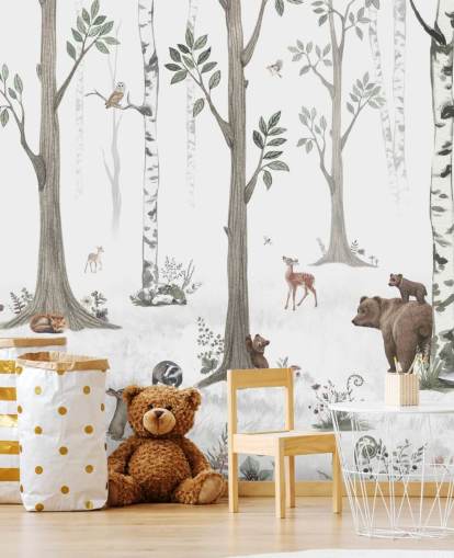 papel de parede branco, preto, verde sálvia com animais da floresta papel de parede branco, preto, verde sálvia com animais da floresta