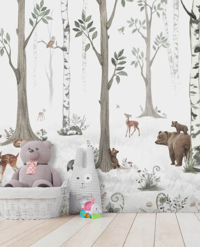 papel pintado blanco, negro, verde salvia con animales del bosque