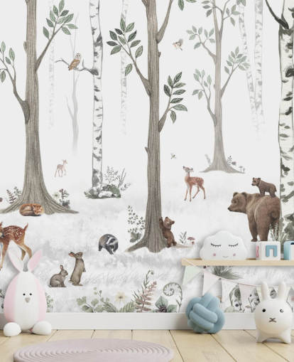 carta da parati bianca, nera, verde salvia con animali del bosco