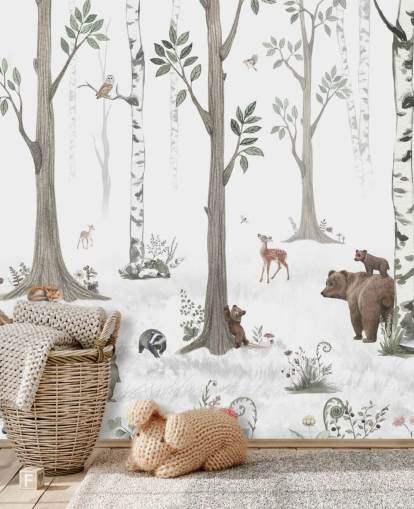white, black, sage green with woodland animals wallpaper