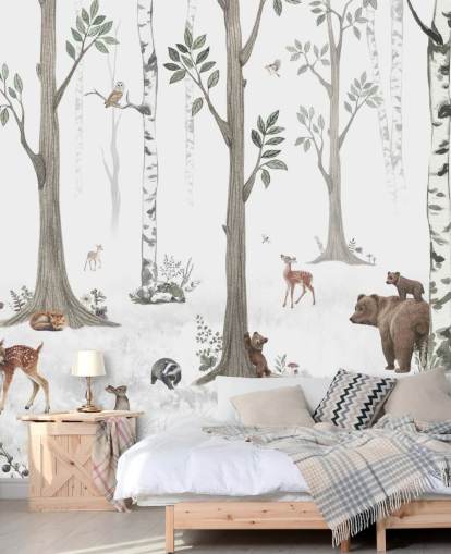 white, black, sage green with woodland animals wallpaper white, black, sage green with woodland animals wallpaper