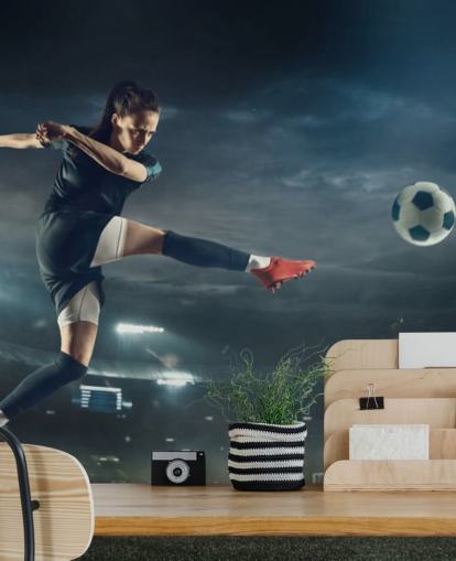 fotbollstapet väggmålning som heter On The Volley för barnens sovrum, idrottsklubbar och skolor