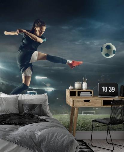 muurschildering op het voetbalbehang genaamd On The Volley voor kinderkamers, sportclubs en scholen