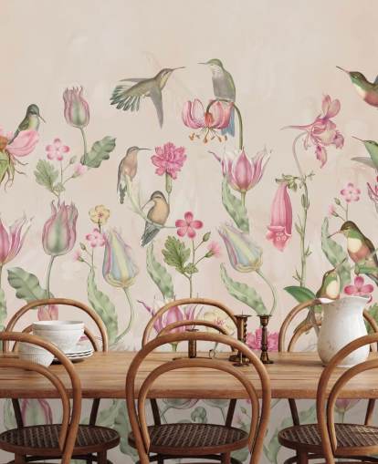 carta da parati pretty tulips & hummingbirds