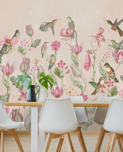 carta da parati pretty tulips & hummingbirds