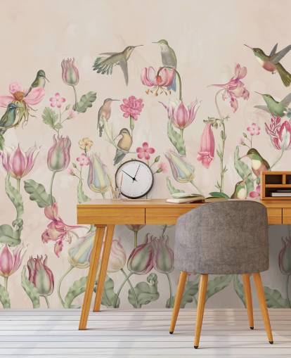 papel de parede bonito tulipas e beija-flores
