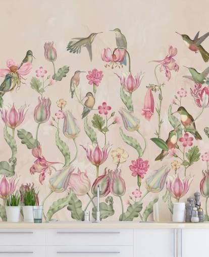 carta da parati pretty tulips & hummingbirds