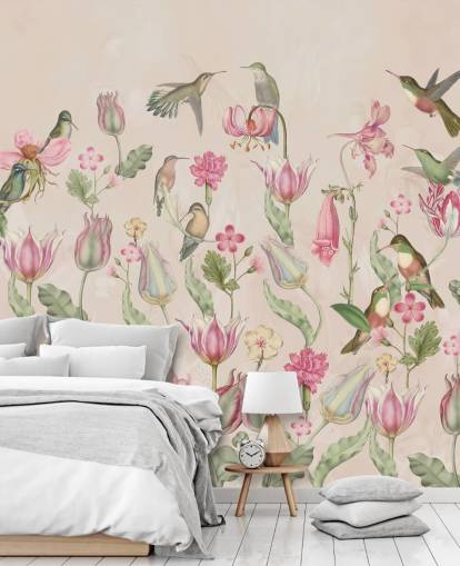 papel de parede bonito tulipas e beija-flores